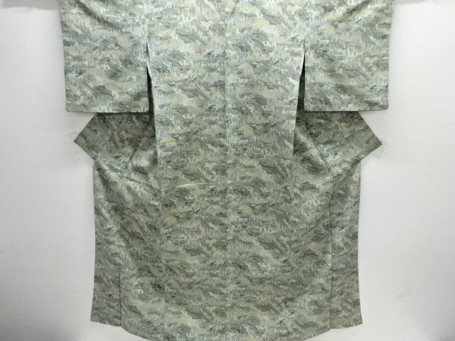 縮緬地　家屋に時代人物模様小紋着物